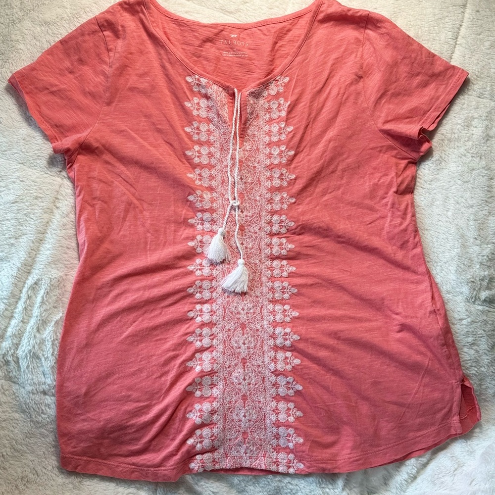 Women's Talbots Coral Embroidered Tassel Tie Top sz Medium